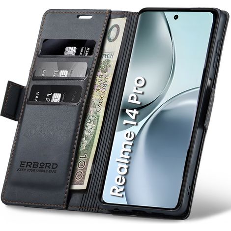 Funda para Realme 14 Pro 5G, tipo cartera con tapa, diseño brillante de lichi, color negro. (1/5)