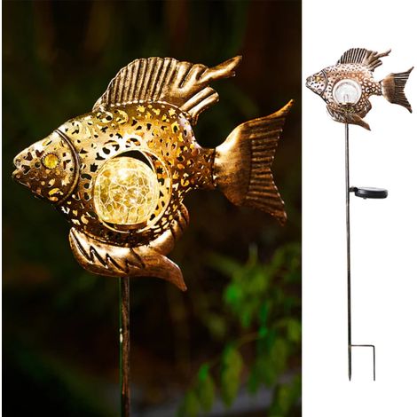 Lampes Solaires Pour Jardin - Poisson En Métal Avec Globe En Verre Craquelé - Étanche - Blanc Chaud - 31,1 x 10,6 x 5,1 cm - 1 Pièce (1/5)