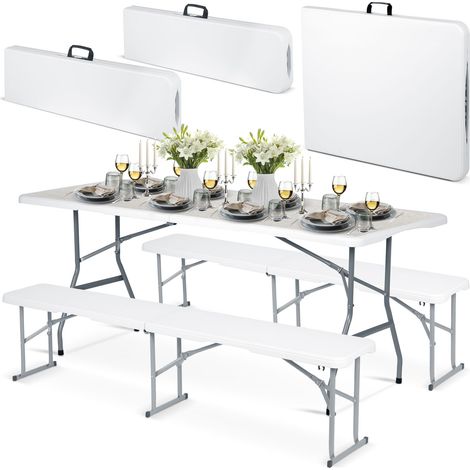 Conjunto de catering para jardín: mesa plegable + 2 bancos de 180 cm, Plonos, blanco.