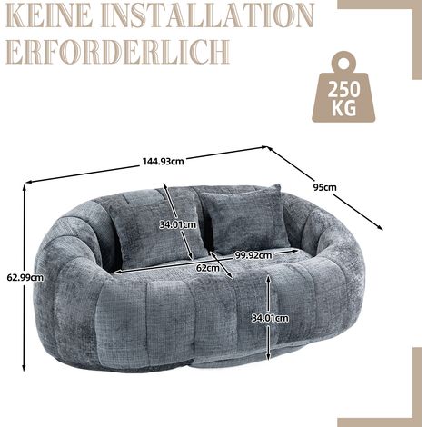 Canapé Poang Bean Bag, Fauteuil Gonflable Confortable Dossier Haut, Pouf Lounge Adulte Enfant, Intérieur Extérieur, Chaise de Sol Moelleuse en Chenille Gris (1/5)