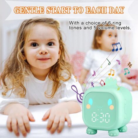 Sveglia per bambini, Dino-LED con lucina notturna, allarme progressivo, volume regolabile, ricarica USB, 24h, colore verde (1/4)