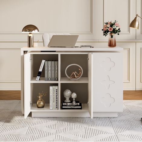 Schreibtisch 110 cm weiß aus MDF mit drehbarer L-Form und Stauraum (1/5)
