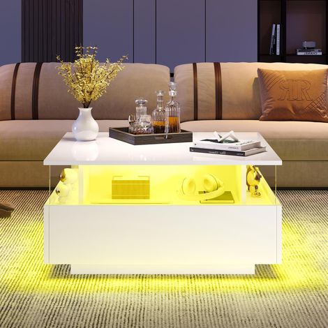 Modernes Hochglanz-LED-Couchtisch Kaffeetisch 707041cm mit 2 Schubladen und transparentem Präsentationsbereich – Belastbar bis 30 kg, ideal für stilvolle Wohnzimmer (1/5)