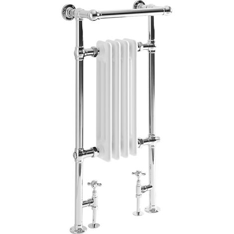 Milano Elizabeth 930mm x 450mm Floorstanding Chrome and White Dual Fuel Electric Heated Towel Rail Radiator with Overhanging Rail and Angled Valves - Heated Towel Rail & Valves Only (1/5)
