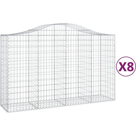 Juego de 8 cestas de gaviones, valla de jaula, muro de contención arqueado, 200 x 50 x 120/140 cm, hierro galvanizado, Plata 020041172