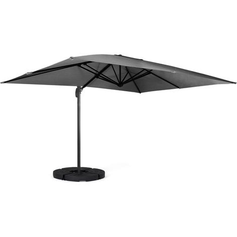 Idmarket – Parasol déporté inclinable rotatif 360° gris 3x3 m – 4 dalles de lestage – Mât en aluminium – Toile polyester 180 gr/m²