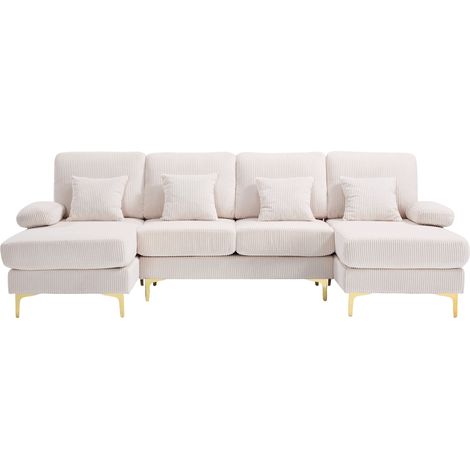 Canapé en U velours beige avec LED d'ambiance et port USB, assise profonde en mousse, dossier ergonomique, structure en bois pour salon – CHICFURN (1/5)