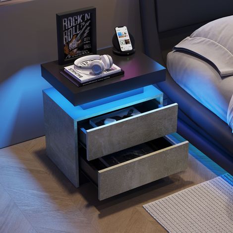 Comodini 50x53x36cm con 2 cassetti, cassettiera, LED, per camera da letto, legno, grigio
