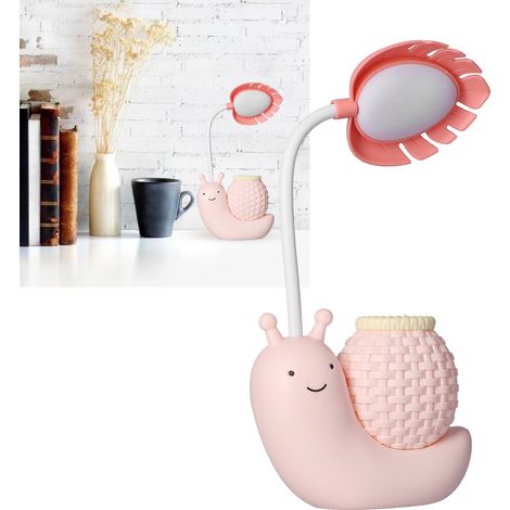 Faltbare LED-Schreibtischlampe mit integriertem Stifthalter und Anspitzer im Schneckendesign. Multifunktional, kaltweißes Licht, USB-aufladbar, rosa. (1/5)