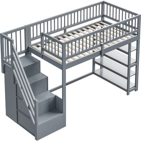 Letto a soppalco 90 x 200 cm grigio con armadio, ripiani e scala di sicurezza (1/5)