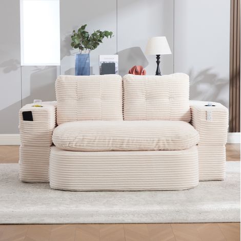 Sillón cama 2 en 1, convertible en chaise longue, reposabrazos desmontables, doble portavasos, cord beige (1/5)