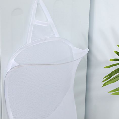 Sac à linge pliable et extensible, panier à linge mural avec crochet, grand filet blanc pour salle de bain. (1/5)