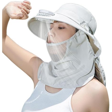 Chapeau de soleil blanc glacé avec ventilateur, protection du cou et du visage – 3 vitesses, protection UV, adapté pour le jardinage, la pêche et les jours de plage. (1/5)