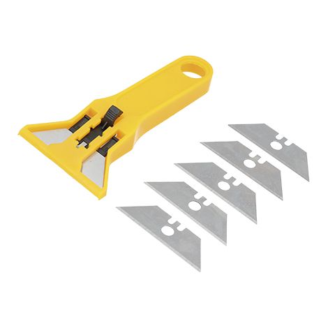 Ferrestock FSKRK310 Rascavidrio fabricado en plástico con hoja retráctil de 19mm y 5 hojas de recambio, cuchilla resistente ideal para vitrocerámicas y todo tipo de cristales