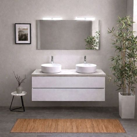 Mobile Bagno Sospeso 120Cm Bianco Export E Top Beton, 2 Posti Lavabo, Specchio E Lampada  Berlin