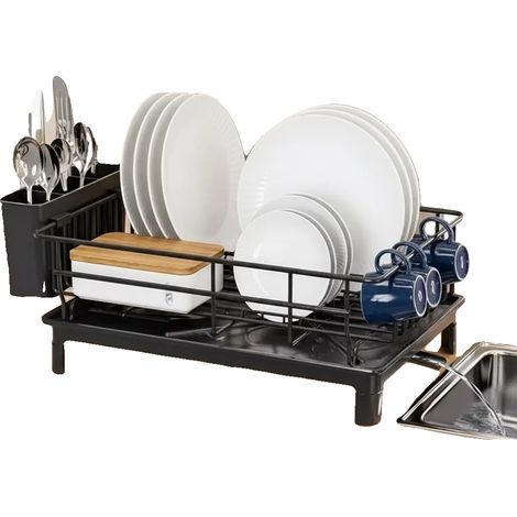 Escurridor de platos, diseño autodrenante, soporte para utensilios desmontable, negro, 1 nivel (1/2)