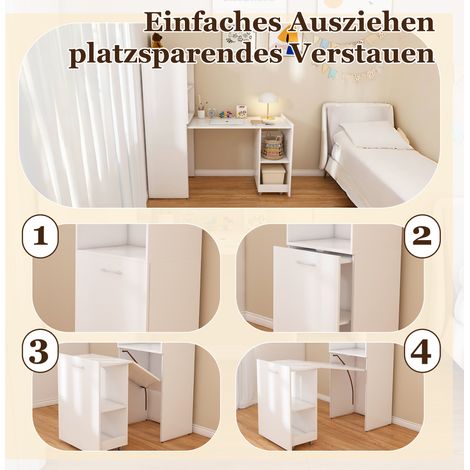 Bureau extensible avec armoire de rangement, bureau pliant gain de place avec étagères réglables et plateau extensible, blanc, pour chambre et bureau (Bureau avec rangement) (1/5)