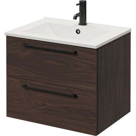 Napoli 460 Brown Oak 600mm Wall Mounted 2 Drawer Vanity Unit with Angel Basin - 600mm - Matt Black 320mm Handle