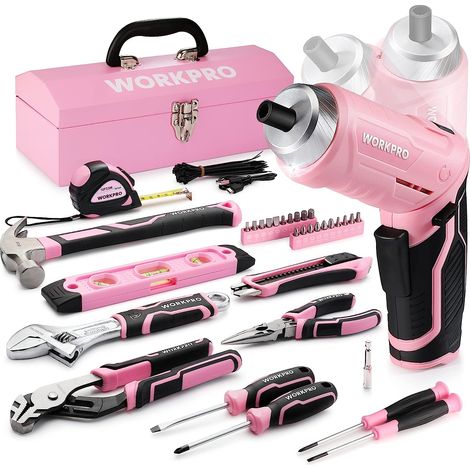 Workpro – Caisse à outils complète rose 73 pièces – Tournevis sans fil 3,7V – Boîte en fer portable – Outils en acier Cr-V résistant à la corrosion