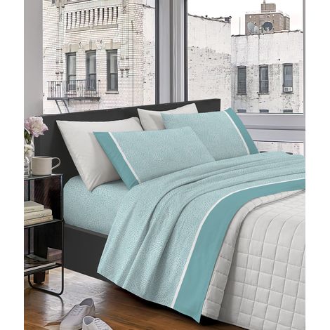 Completo Letto Lenzuola Matrimoniale Elegante,100% Cotone, Set Letto Due Piazze,Tinta Unita Lenzuolo sopra, sotto e Federe Con Bordo Applicato Soft Touch Misure Maxi Turchese