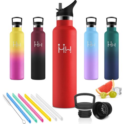 Gourde 1L avec Paille, sans BPA, Étanche, Gourde avec Filtre, Double Paroi, Bouteille Réutilisable, Acier Inoxydable, pour Camping, Outdoor, Sport, Yoga (1/5)