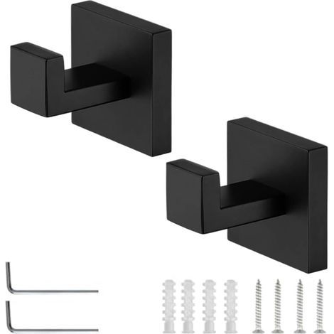 Lot de 2 Crochet Salle Bain à Percer, Patère Murale Noir Mat en Acier Inoxydable 304, Montage Caché avec Socle Carré et Outils d‘Ins (1/5)