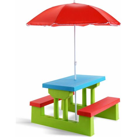 Table de pique-nique enfant pliante en PP avec 2 bancs et parasol pour jardin plage et terrasse (1/5)