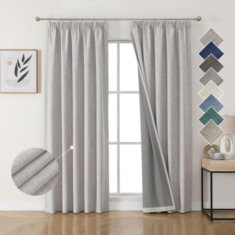 100% Rideau Occultant Thermique en Lin avec Galon Fronceur 117x229 cm 2 Pièces, Rideau Isolant Thermique Anti Froid et Chaleur à Passe Tringle pour Décoration de Porte Fenêtre (1/5)