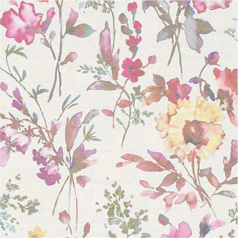 Flowers wallcovering wall Profhome 790611 hot embossed non-woven wallpaper slightly textured with floral ornaments and metallic highlights white pink green pastel turquoise 5,33 m2 (1/5)