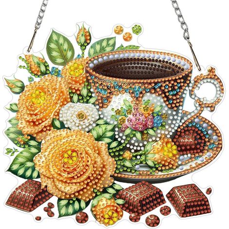 Diamant Painting Kaffee Gelbe Rosen Hängedekoration mit Kette 20x20cm (1/4)