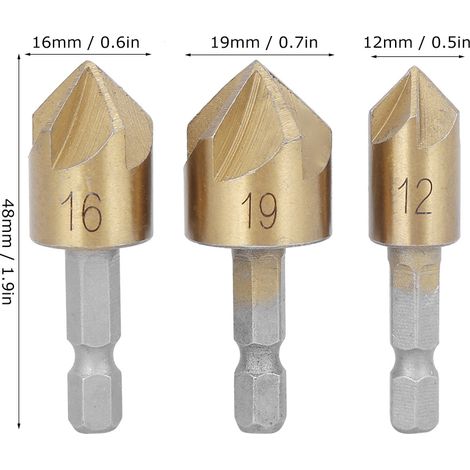 Outil de travail du bois 3 pièces, fraise à chanfreiner, tige hexagonale dorée en acier rapide, 5 cannelures, angle de 90°, 12 mm-19 mm (1/5)