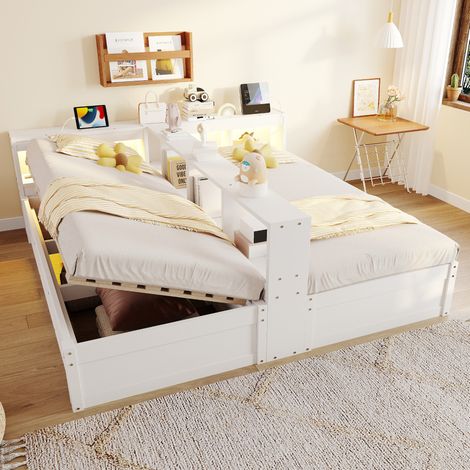 Lit coffre 180x200 cm - Lit double - Avec tête de lit avec LED et prise - Avec rangement hydraulique - En MDF - Blanc (1/5)