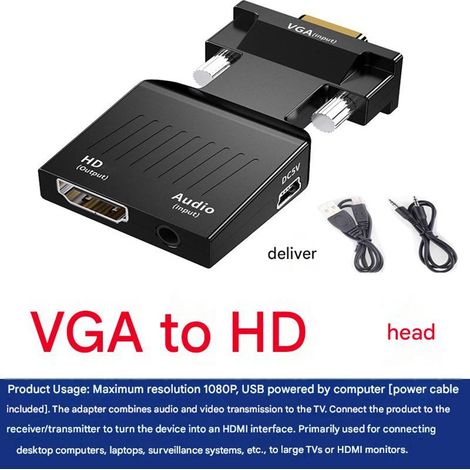 HDMI-zu-VGA-Konverter mit Audio (1 Stück) – Vergoldeter Videoadapter für Fernseher, Monitor, PC, Laptop, HD-Netzwerkbox, Schwarz (1/3)