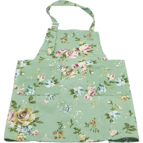 Tablier de cuisine en coton et lin à motif floral vert, style vintage rose, idéal pour la cuisine, la pâtisserie et la restauration. (1/5)
