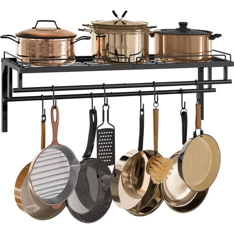 Porte-Casseroles Mural, Étagère Suspendue de Cuisine avec 8 Crochets et 2 Porte-Serviettes, Support de Rangement métallique pour ustensiles et Vaisselle, 82,5 x 30 x 27 cm, Noir (1/5)