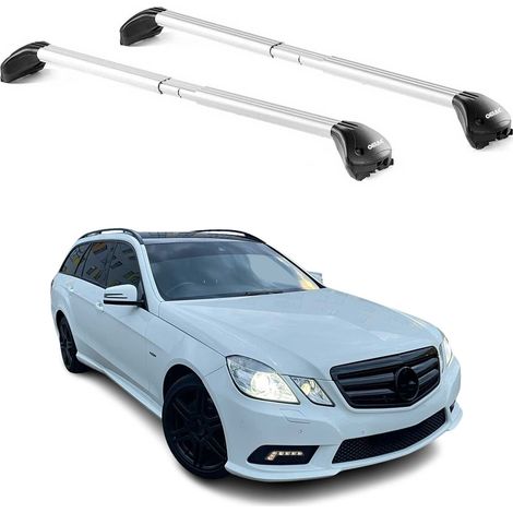 OMAC Barres de toit transversales certifiées TÜV pour Mercedes Classe E S212 Break 2010-2016 – Verrouillables (4 antivols) – Charge max 100 kg – Sangle inox + protection caoutchouc Argent (1/4)