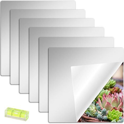 6 Stück Selbstklebende Fliesenspiegel Spiegel mit Wasserwaage zum Kleben, 30 x 30 cm Acryl HD Flexible Spiegelfolien Spiegelaufkleber für Wand, Schule, Zuhause, Wohnzimmer, Badezimmer, Schlafzimmer