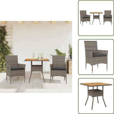 The Living Store Ensemble à manger de jardin et coussins 3 pcs gris rotin acacia - Meubles De Jardin - Salon De Jardin - Set De Jardin - Mobilier Extérieur - Table De Jardin (1/5)