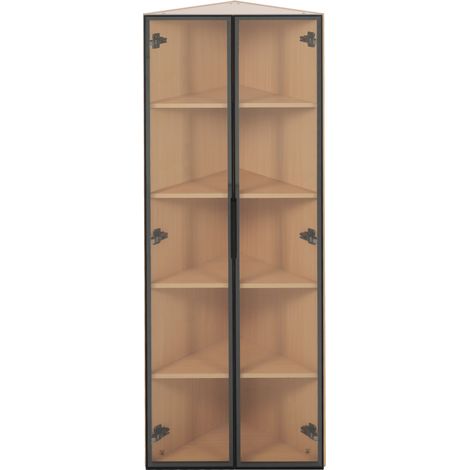 Vitrine en verre LED 62 x 35 x 160 cm – extérieur en chêne, bande lumineuse intégrée, meuble en verre trempé anti-poussière, vitrine d’angle avec porte – vitrine de collection, bibliothèque, meuble à (1/5)