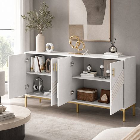 Aparador de 4 puertas 160 x 40 x 80,5 cm en MDF blanco y dorado OKMYHOME (1/5)