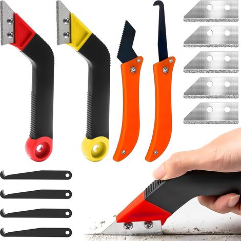 13 Pcs Grattoir Joint Carrelage, Outil Gratte Joint Carrelage avec 9 Lames de Rechange, Grattoir a Joint de Carrelage pour Nettoyage du Carrelage (Rouge + Jaune) (1/5)