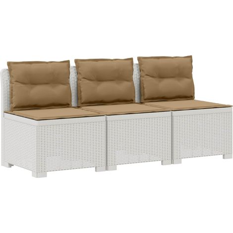 Divano da giardino 3 posti con cuscini in look rattan PP Bianco vidaXL