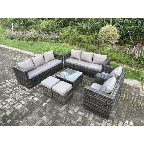Fimous 10 Seater Rattan Garden Furniture Sofa Set with 2 Armchairs Square Coffee Table 2 Small Footstools Indoor Side Table Outdoor Rattan Set Dark Grey Mixed (1/5)
