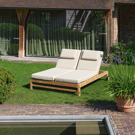 Bain de soleil double inclinable en teck massif avec coussins beige chiné (1/5)