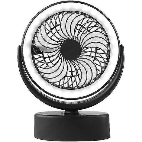 Ventilateur de bureau rechargeable avec lanterne LED et batterie externe pour le camping et les activités de plein air en tente.