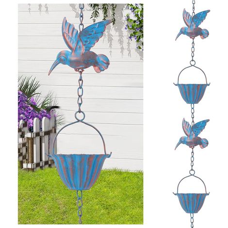 Chaîne de Pluie 2,4 m avec Colibris, Chaîne de Pluie en métal pour gouttière, ChaîNe De Pluie pour ExtéRieur, Chaine Pluie Suspendue pour l'évacuation l'eau (1/4)