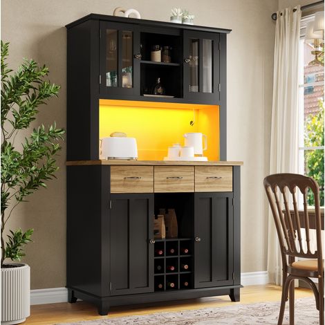 REDOM - Buffet de cuisine 106x40x179.5 cm - éclairage LED - 6 niches et casier à vin 9 bouteilles - MDF - noir (1/5)