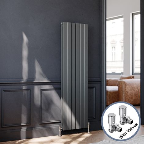 ELEGANT Anthracite Radiator Durable Flat Panel 1600 x 452 mm Premium Mild Steel High Thermal Conductivity + Chrome Angled Radiator Valves (1/5)