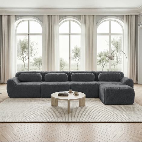 Canapé d’angle L modulable 4 places, tissu peluche premium, sans montage, gris (1/5)