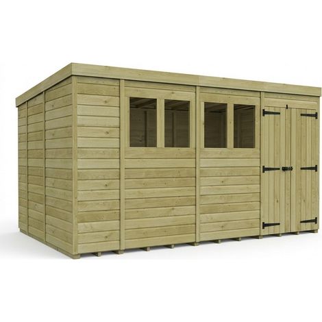 14ft x 9ft Pent Garden Shed Double Door With Windows - Pressure Treated Timber - L427 x W274 x H210 cm - Natural